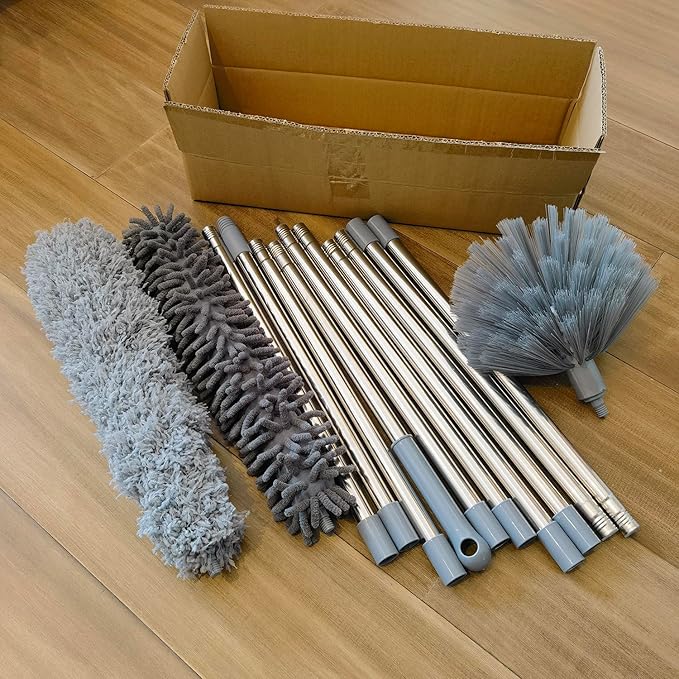 20+ Feet High Reach Duster Kit with 3-14 ft Extension Pole for Cleaning Fan Spider Web High Ceiling Blinds Furniture Cars - Cobweb Microfiber Duster // Outdoor &amp Indoor Extendable Duster