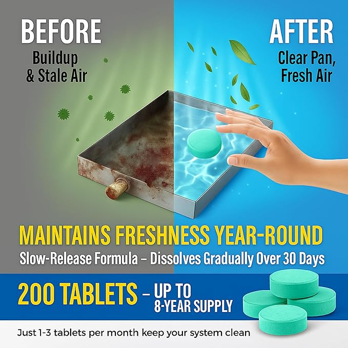 AC PAN TABS – 200 AC Drain Line Cleaner Tablets for HVAC &amp Air Conditioner Condensate Pan Preventive Maintenance Water-Soluble No-Residue &amp Prevents Overflow