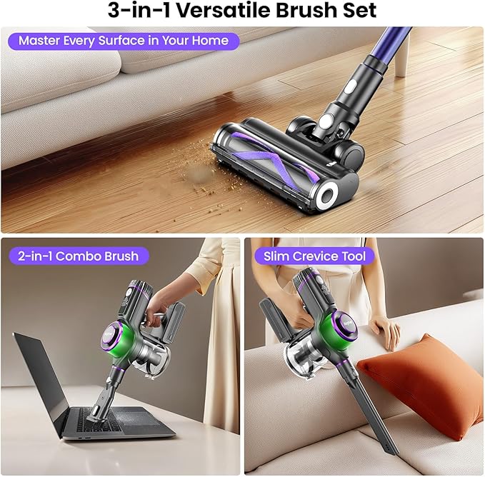 Cordless Vacuum Cleaner 600W 45KPA Dual Motor Vacuum for Home with AI Auto Suction70Min RuntimeStick Vacuums with Self-Standing DesignLED Headlightsfor CarpetHardwood FloorsPet HairTile
