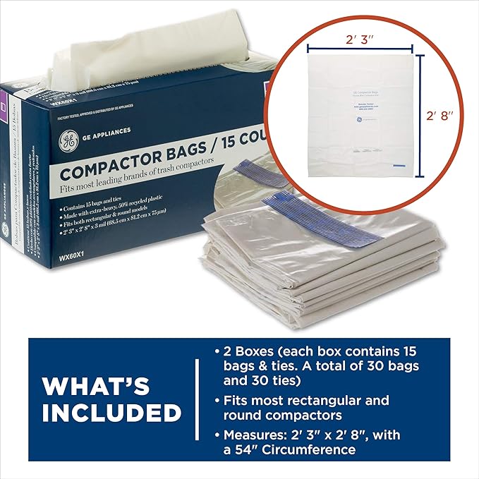 Universal 18 Gallon Heavy Duty Trash Compactor Bags 2 Pack WX60X1-2PK Fits 15 inch Compactors Compatible with Kitchenaid Kenmore Whirlpool GE Appliances and most 15 inch Garbage Cans