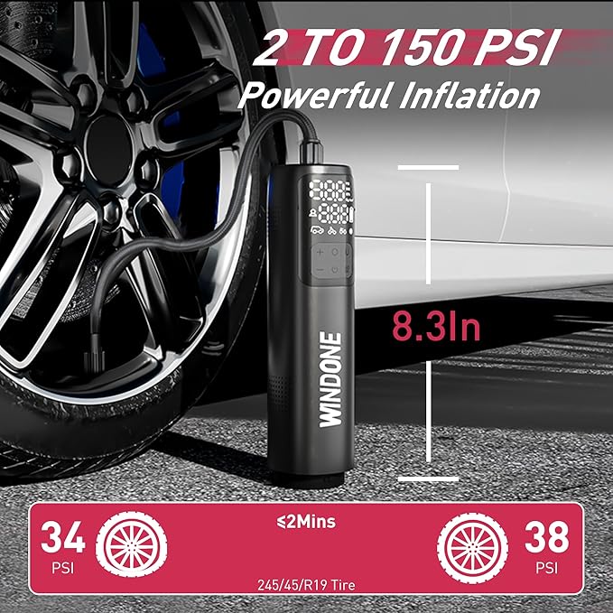 Windone Car Vacuum 12000Pa 2-in-1 Cleaner &amp Tire Inflator 150PSI 60W Brushless Motor Cordless Handheld Vacuum &amp Air Pump with Pressure Gauge LED Light Multi-Nozzles for Car Home Office