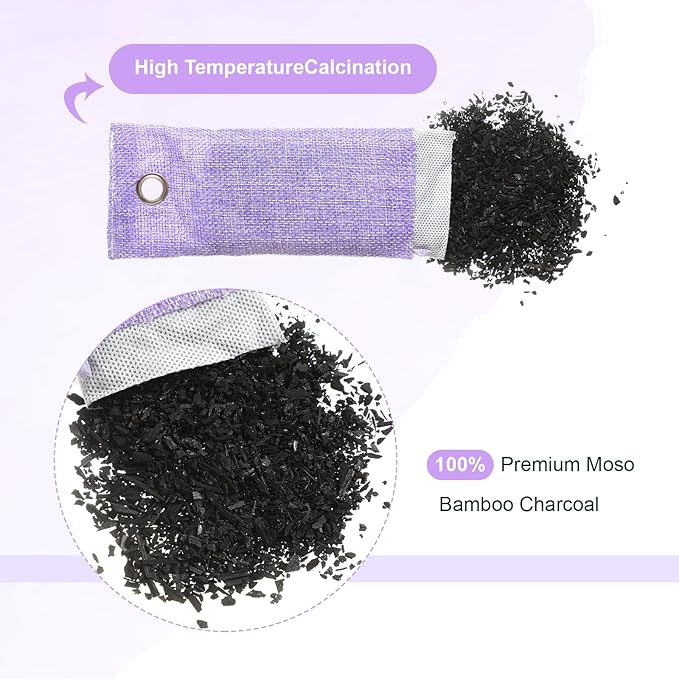 Nuanchu 24 Pcs Activated Charcoal Odor Absorber 50g/100g/200g Air Purifying Bamboo Charcoal Bags Natural Shoe Odor Absorber Deodorizer Absorbers for Fresh Car Home Closet Pet Basement Smell(Purple)