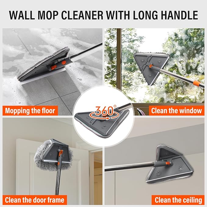 Wall Cleaner Mop with Long 85 HandleBaseboard Cleaner Tool with Handle180° Folding Ceiling Tool Duster with Squeegee360 Rotatable Wall Mop10 Replacement Pads for Cleaning BaseboardWindow