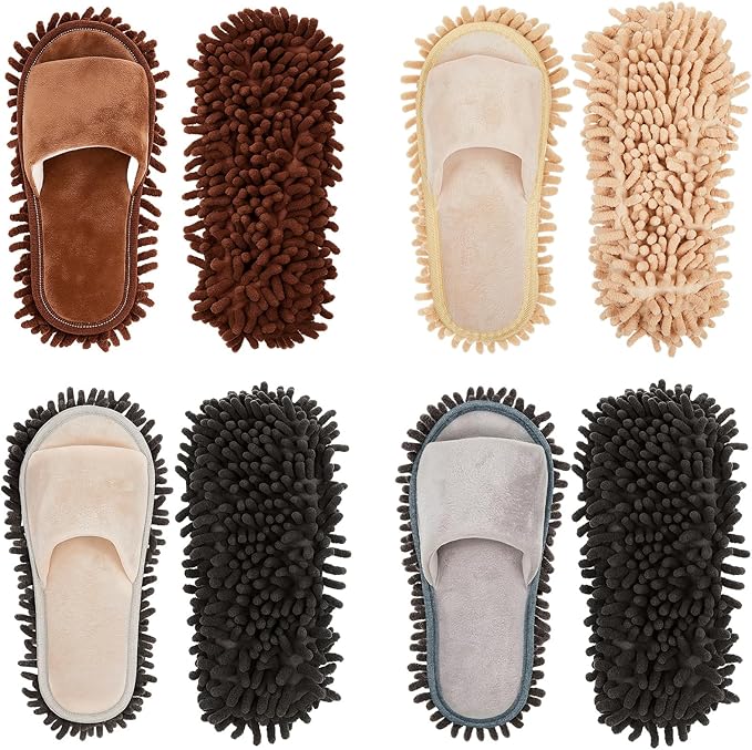 Jecery 4 Pair Washable Microfiber Mop Slippers Detachable Dusting Shoes for Floor Cleaning Office &amp Home Use Suitable for Women &amp Men(Blue Brown Beige WhiteL Size)