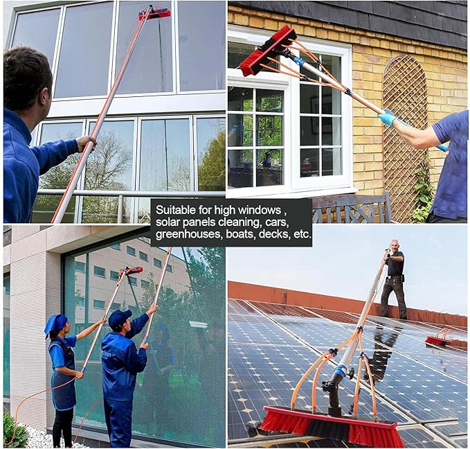 Solar Panel Cleaning Pole Kit 36ft Telescopic Brush with 20m Water Supply Hose for Upstairs Windows Cars and Roof
