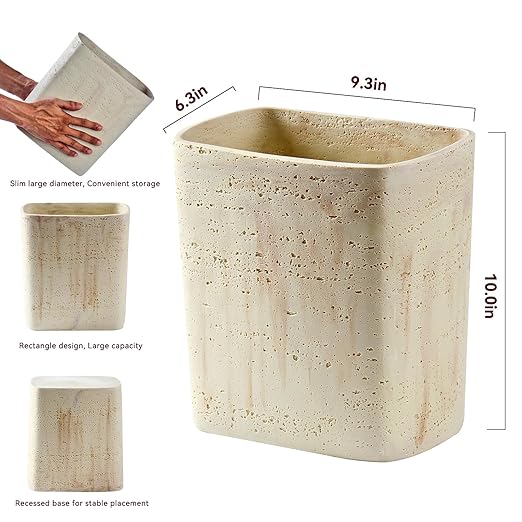 Polytree Natural Travertine Textures Bathroom Trash Can 1.8 Gallon(7 Liter) Small Kitchen Garbage CanLiving Room Bedroom Trash Can Decor Wastebasket for Home Office (Handmade of Resin)