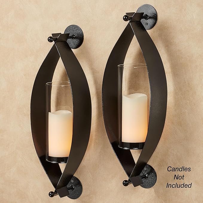 Touch of Class Xander Wall Sconce Pair - Handcrafted Steel - Black - Glass Hurricane - Set of 2 - Metal Sconces Holder for Bedroom Bathroom Living Room Kitchen Walls Hallways
