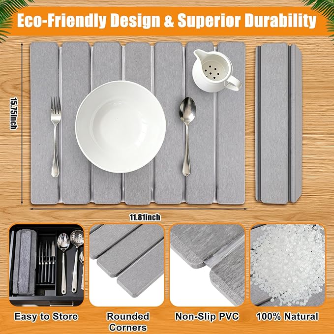 Sawysine 2 Pcs Stone Dish Drying Mats for Kitchen Counter 16x12 Collapsible Diatomaceous Earth Mats Absorbent Quick Drying Bath Kitchen Pad for Dishes Cups Bottles Fits Any Countertop(Light Gray)
