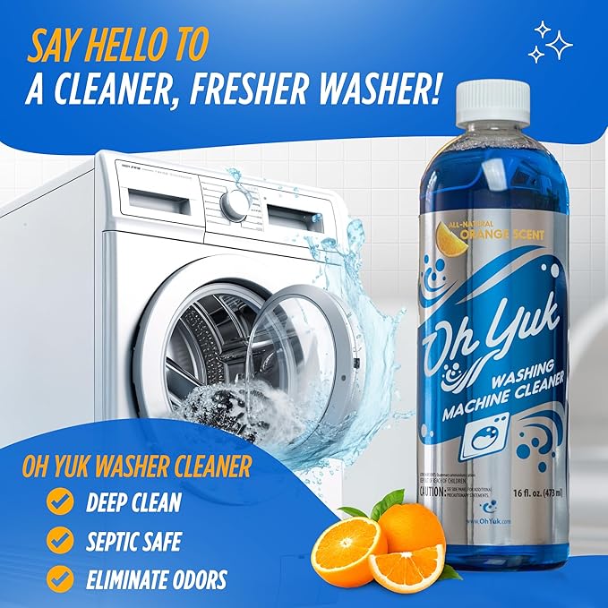 Oh Yuk Washing Machine Cleaner For All Washers (Top Load Front Load HE and Non-HE) Natural Citrus Fragrance Four Cleanings Per Bottle Septic Safe 16 Fl Oz