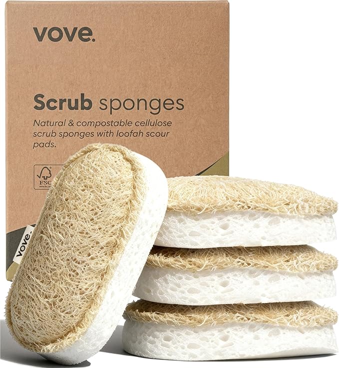 Vove Scrub Sponges 4 Pack Cellulose &amp Cotton with Natural Loofah Eco-Friendly Loofah Dish &amp Kitchen Sponges Bathroom Scrubbing Pads FSC-Certified Packaging