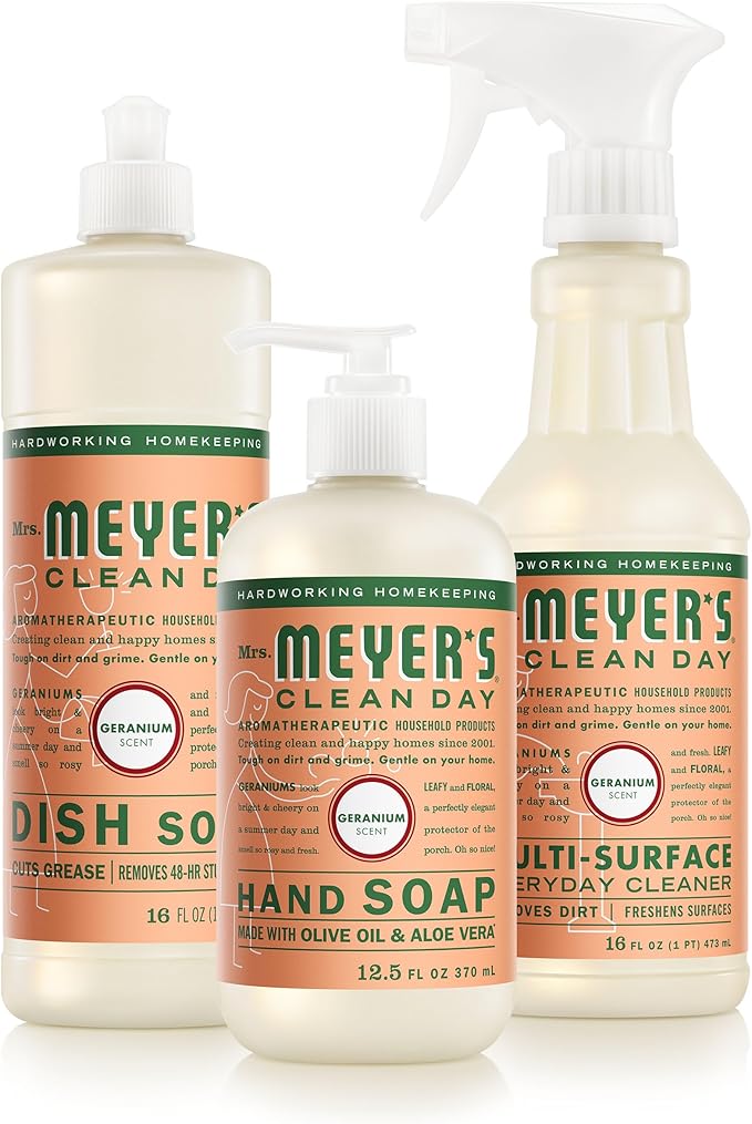 Mrs. MEYER'S CLEAN DAY Kitchen Basics SetGeranium Scent Cleaning Supplies includes Hand Soap (12.5 Fl Oz) Dish Soap (16 Fl Oz) and Multi-Surface Cleaner (16 Fl Oz)