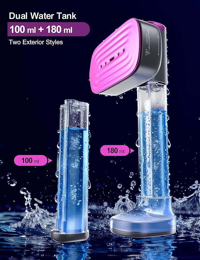 Travel Steamer for Clothes with 2 Water Tanks (180 ml and 100 ml) Fast Heating 24g/min Strong Steam Mini Clothes irons LED Touch Display Dry Ironing 1200W Portable Steamer ＆ Iron 2 In 1 HUISE