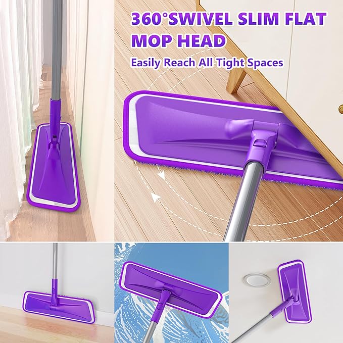 Grey Flat Floor Mop with 4 Reusable Microfiber Pads for Dusting + Purple Flat Floor Mop with 4 Washable Microfiber Pads for Mopping