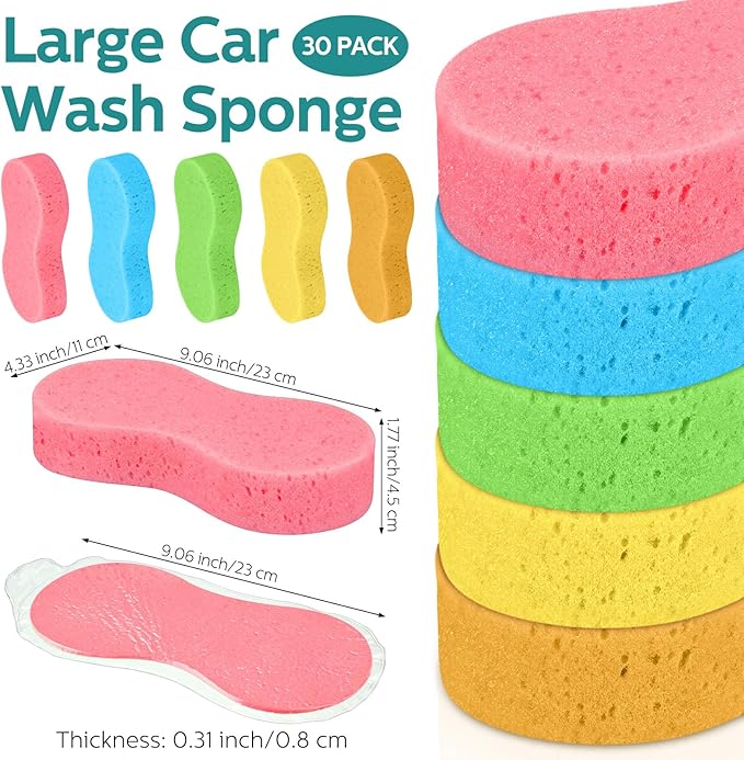 Dandat 30 Pcs Large Car Wash Sponge Multi Purpose Cleaning Scrubber Non Scratch Thick Dish Household Cleaning Sponge Foam Washing Pad Handy Scrubber for Car Mix Colors