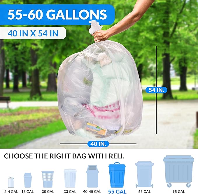 Reli. Easy Grab Trash Bags 55-60 Gallon (150 Count) (Clear) - Star Seal Super High Density Rolls - Heavy Duty Can Liners Garbage Bags Bulk Bags - 50 55 60 Gallon Capacity