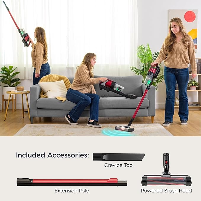 Cordless Vacuum Cleaner 11-inch Powerhead Self-Standing Design Fast Charging 50-Minute Runtime LED Dust Sensor Red
