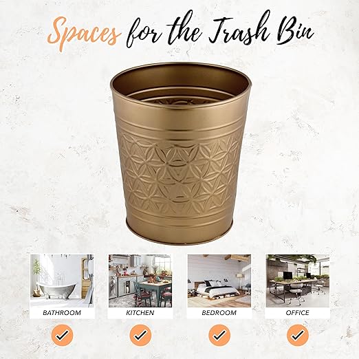Autumn Alley Antique Gold Trash Can Hand Crafted Bin Round Bathroom Trash Can Open-Top Gold Garbage Can for Bedroom Home Office - Modern Waste Basket Stylish Metal Modern Bathroom Décor