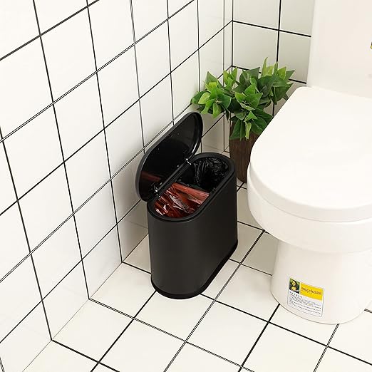 12L Black Slim Bathroom Trash Can with Press Top Lid3.17 Gallon Pet/Dog Proof Kitchen Trash CanThin Garbage CanCovered WastebasketNarrow Small Plastic Trashcan for Craft RoomBedroomOfficeDorm