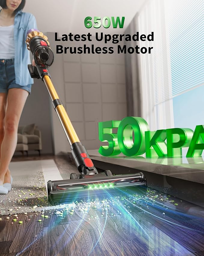 Cordless Vacuum Cleaner 650W 50KPa 70-Min Runtime Stick Vacuum Self-Standing Lightweight Vacuum for Home Pet Hair Hardwood Floors Carpet Stairs &amp Car LED Display