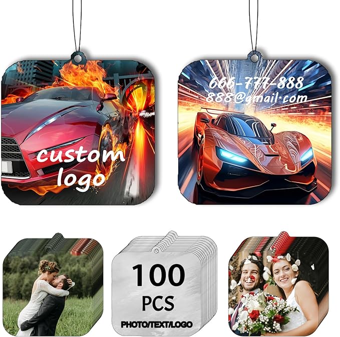 100Pcs Custom Logo Car Bulk Air Fresheners Double-Sided Custom Air Fresheners with Picture Personalized Air Freshener for Car Suitable for Custom Gifts for Branding Business Events (Square)