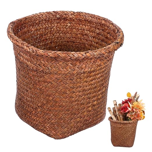1pc Straw Woven Wastebasket Natural Design Office Trash Container Home Trash Can
