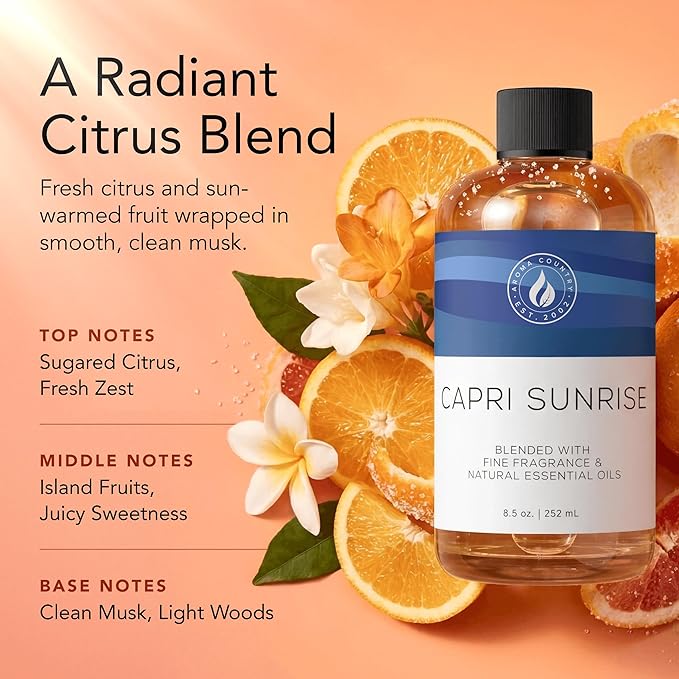 Aroma Country Capri Sunrise Diffuser Oil - Volcano Inspired - Luxury Essential Oils for Diffuser Refill &amp Air Freshener Room Spray Long-Lasting Natural Home Fragrance for Scent Machines (4 Fl oz