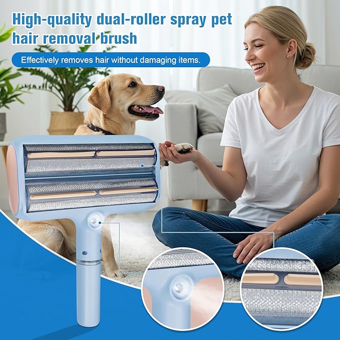 Pet Hair Remover Set with Spray &amp Self-Storage – Reusable Double-Sided Roller 4-Piece Grooming Brushes &amp Combs for Dogs Cats Furniture &amp Clothing