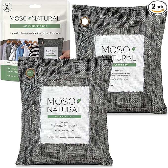 Moso Natural Air Purifying Bag 200g (2 Pack) HGTV Editor's Pick | Premium Bamboo Charcoal Odor Absorber for Home &amp Car | Closet Odor Eliminator &amp Car Air Freshener | Long Lasting Charcoal Bags