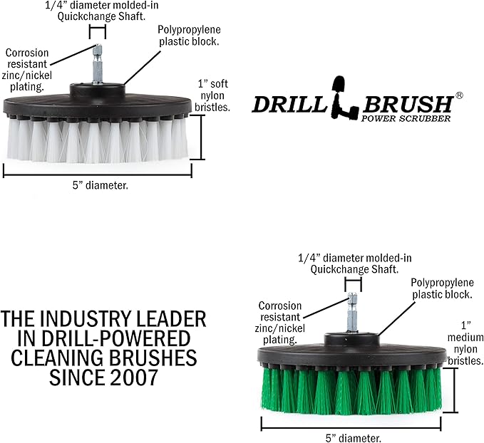Household Cleaners - Drill Brush Soft White and Medium Green Combo Kit - Cleaning Supplies - Glass Cleaner - Scrub Brush - Leather Shower Doors Carpet Fabric and Vinyl Seats - Kitchen Sink