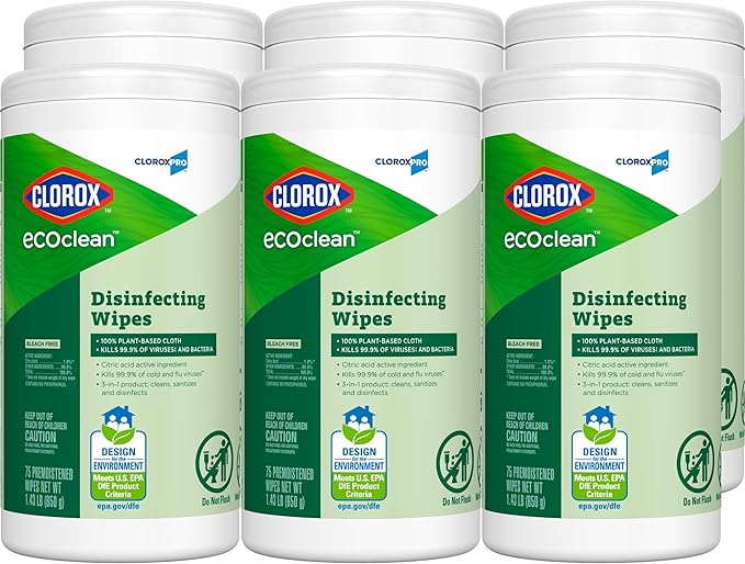 CloroxPro Clorox EcoClean Disinfecting Wipes Multipurpose 100% Plant Based Cleaning Cloths Antibacterial Disinfectant Safe for Multi Surface Use 75 Count (Pack of 6)