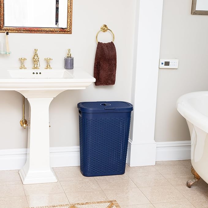Mind Reader Slim Laundry Hamper with Lid 40L Clothes Basket Narrow Tapered Design with Ventilated Cutout Pattern Plastic Navy