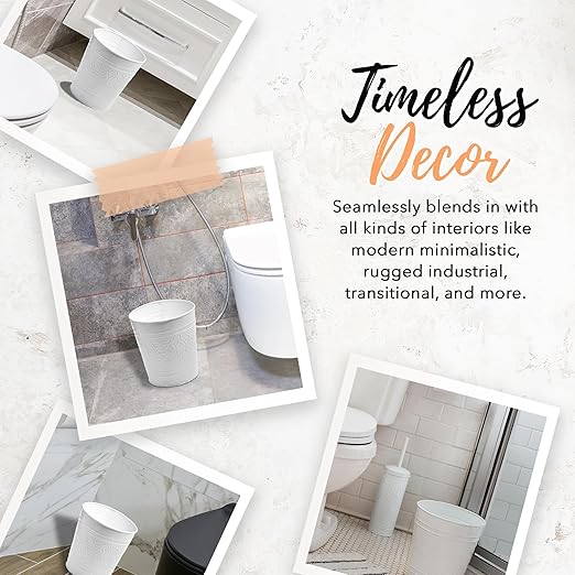 Autumn Alley Handcrafted White Bathroom Trash Can Round Open-Top Bathroom Wastebasket Stylish Metal Waste Bin for Home Office Bedroom Decorative Waste Basket Decor Coastal Trash Can White 2 Gal.