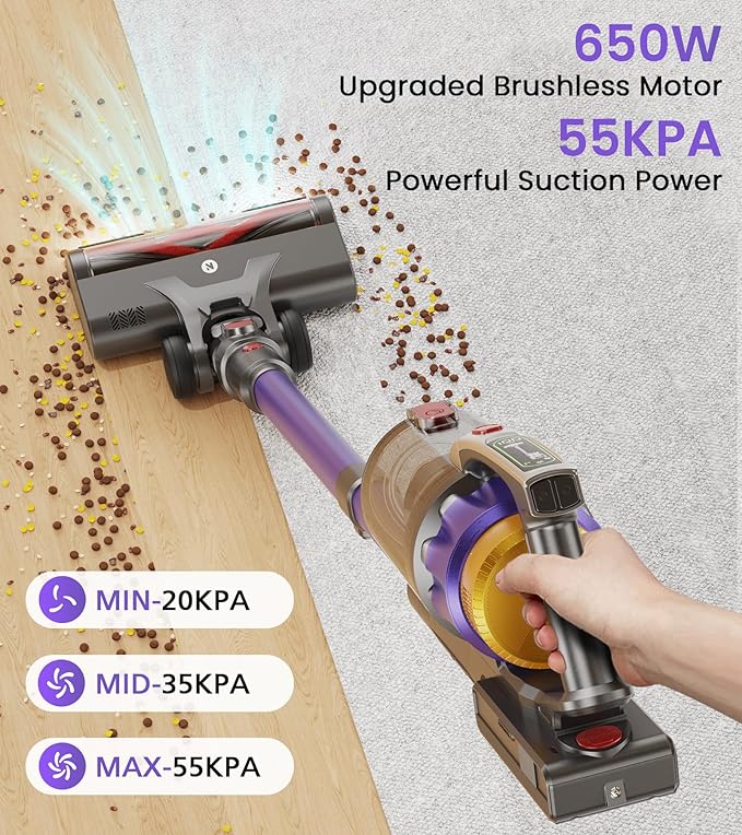 NADALY Cordless Vacuum Cleaner 650W 55KPA 70Mins Vacuum Cleaners for Home Anti-Tangle Self-Standing Stick Vacuum Cordless Rechargeable Lightweight Vacuum for Hardwood Floors/Pet Hair/Carpet