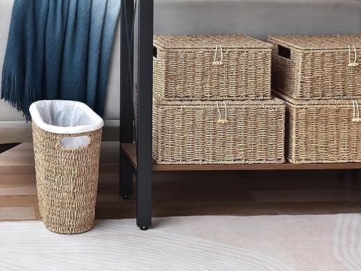 StorageWorks Wicker Waste Basket Handwoven Seagrass Trash Can with Built-in Handles Wicker Garbage Can for Bedroom Bathroom 1 Pack