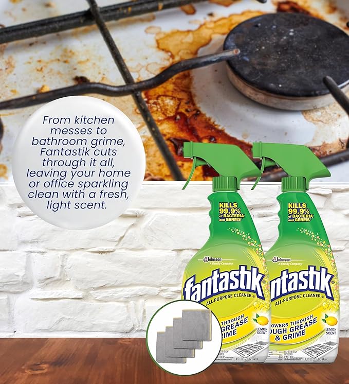 Fantastik Lemon Scent Multi-Purpose Cleaner Spray 32 oz Bundle with Microfiber Cloth - Multi-Surface Cleaner - Removes Grease &amp Grime - Leaves a Fresh Clean Finish - (6 Items)