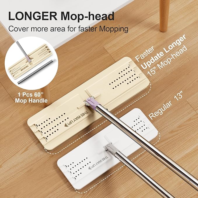 JOYMOOP Mop and Bucket Set (Beige &amp Blush Brown) with Extension Handle Ideal for Floor Window and Wall Cleaning - Includes 3 Washable Microfiber Pads for Wet and Dry Use