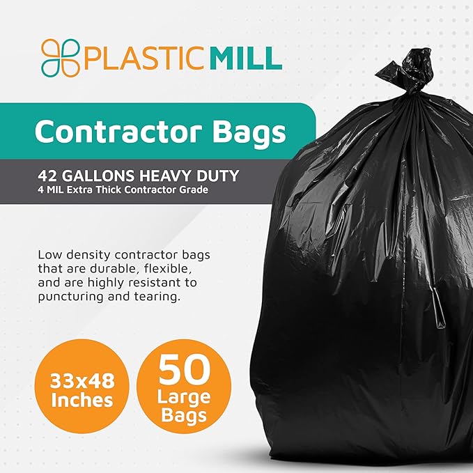 PlasticMill Contractor Bags Heavy Duty - Commercial Industrial Garbage Bags - Black Construction Trash Bags - Outdoor Garden Trash Bags 42-Gallon 4 Mil 33x48 (50-Count)