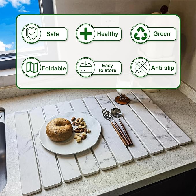Large Stone Dish Drying Mat for Kitchen Counter 24×16 Quick Dry Collapsible Diatomaceous Earth Mat – Super Absorbent Foldable Drying Pad for Dishes (Marble White 23.2 x 15.4)