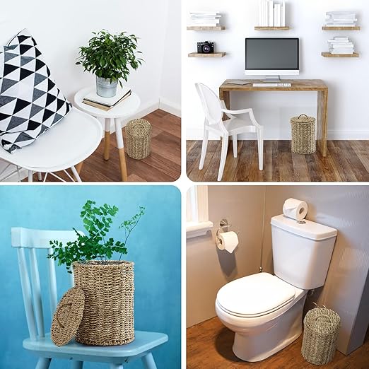 Ctosree 1.3 Gallons Small Trash Can with Lid Handle Boho Woven Braided Bathroom Waste Basket Trash Can with 100 Garbage Bags for Bedroom Office Laundry(Primary ColorBraided Straw RopeRound)