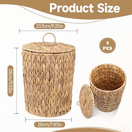 Wicker Waste Basket Water Hyacinth Bathroom Garbage Can with a Lid Small Decorative Boho Trash Can Compact Rattan Woven Bin for Household Kitchen Bedroom Office Living Room