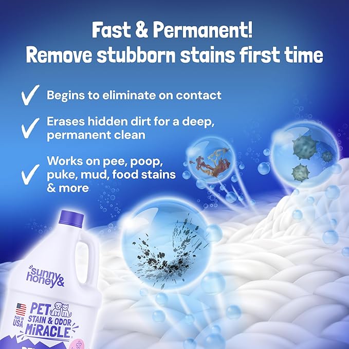 Sunny &amp Honey Pet Stain and Odor Remover - Enzyme Cleaner for Dog Urine and Poop on Carpets and Furniture - Strong Pet Carpet Cleaner Spray (1 Gallon Lavender)