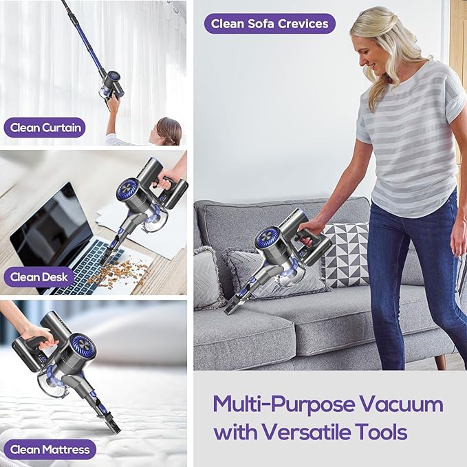 Cordless Vacuums 80000PRM Powerful Motor Vacuum Cleaner and 2200mAH Rechargeable Battery up to 35 Mins Worktime 2 Adjustable Modes Detachable Parts Wireless Stick Vacuum (Deep Blue)