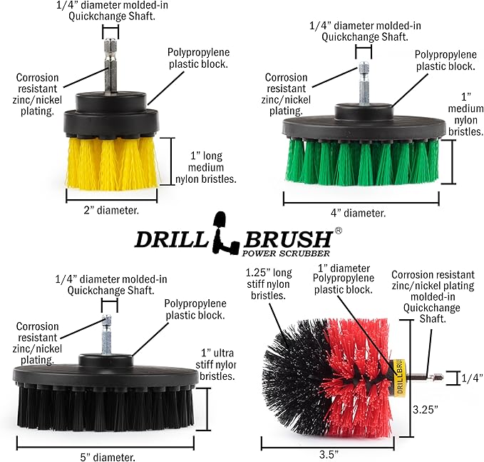 Drillbrush Multipurpose Cleaning Brush Set - Drill Brush Attachments for Cleaning Grout Tile Shower Car Seats Brick Stone Fiberglass Griddles and More - Truck/Car Detailing Drill Attachment