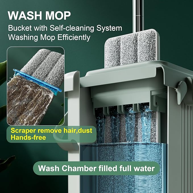 JOYMOOP Mop and Bucket Set - Mops for Floor Cleaning &amp Wall Cleaner with Long Handle Include 5 Microfiber Mop Pads - Green Bucket (X-Large)
