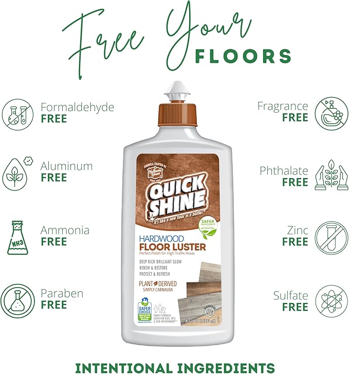 Quick Shine Hardwood Floor Clean + Polish Mop Kit w/ 3 Reusable Pads &amp 1-16 oz. Floor Luster w/Plant-Derived Carnauba | Use Wet + Dry | Safer Choice pH Neutral Ready to Use Formula