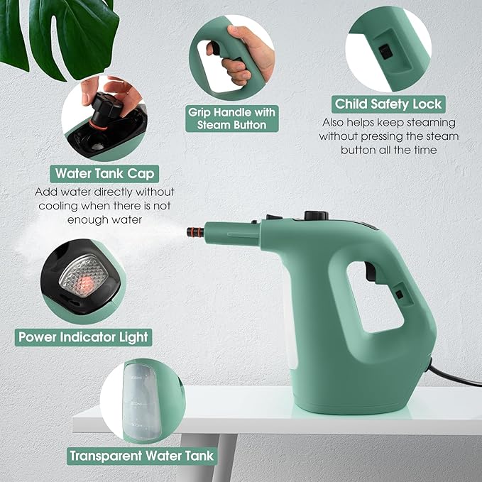 S AFSTAR Handheld Steam Cleaner 1400W Pressurized Steamer with 14-Piece Accessories &amp Child Lock Multipurpose Portable Steamshot Steam Mop for Cleaning Kitchen Floor Sofas Car Windows (Green)