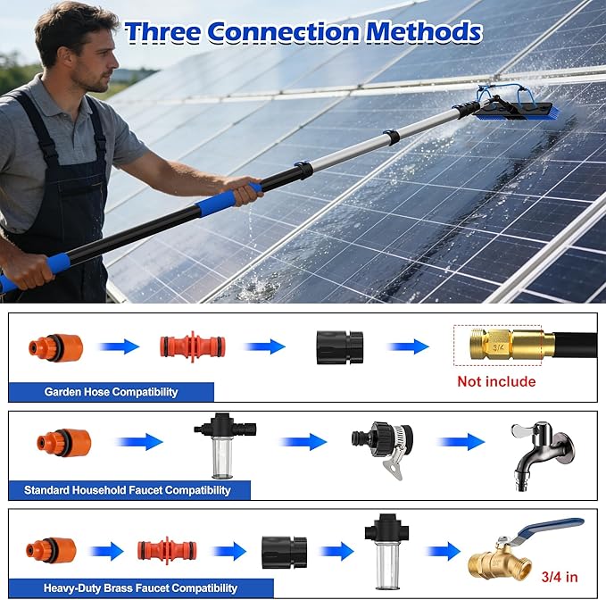 30 FT Reach Solar Panel Cleaning Brush Kit with 5-24 FT Telescopic Extension Pole Water Fed Pole with Dual Action Flip-Lock &amp Screw Fixing Design Ideal for Snow Removal Windows Boats RVs