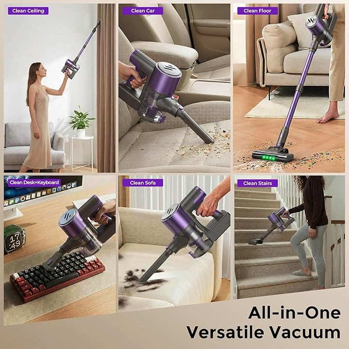 Cordless Vacuum CleanerVacuum Cleaner for Home with Brushless MotorLightweight Stick Vacuum with Self-Standing and Touch ScreenHardwood Floor Vacuum for Pet HairCarpetsTile(Deep Purple)