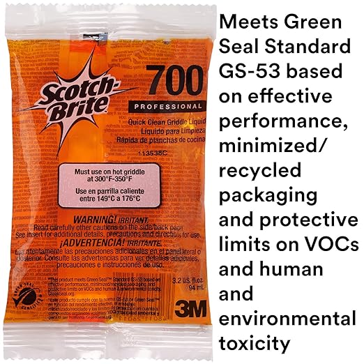 3M Scotch-Brite Griddle Cleaning Quick Clean Liquid 700-40 3.2 Oz Packet 40/Pack Heavy Duty Cleans in 3-5 Minutes for Baked on Food and Cooking Oils Use on Hot or Cool Griddle