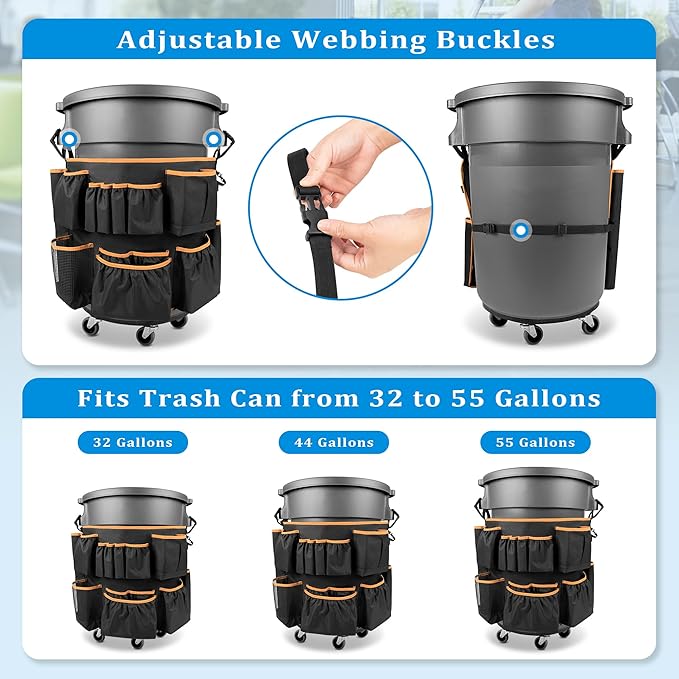 Trash Can Caddy Bag Fit 32-55 Gallon Garbage Bin Cleaning Caddy Bag with Adjustable Buckle for Industrial Trash Can 13 Pockets Cleaning Tool Organizer for Cleaning Supplies Orange Edge